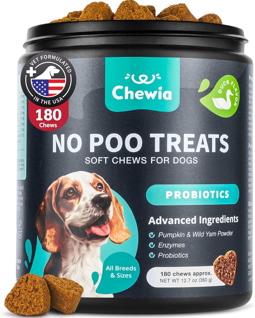 No Poo Chewables for Dogs - Probiotics for Digestive Health with Enzymes - Coprophagia Deterrent - Canine Stool Eating Deterrent - עיכול, שיניים, Gut & Immune Health - No Poop Eating