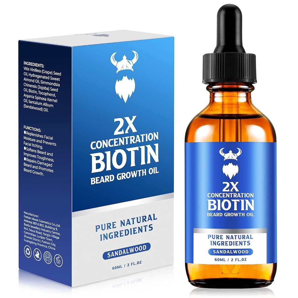 שמן צמחי בר - 2X ריכוז שמן biotin Beard עבור גברים (2 oz) - Natural Mens Beard שמן עם Argan נפט, Jo Joba שמן ווויטמין, Beard Growth Softener, Moisturizer (Sandalwood)