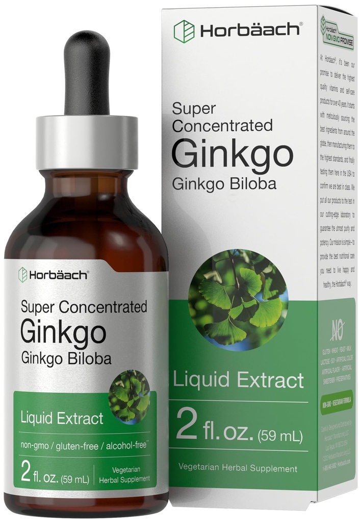 Horbäach Jinkgo Biloba לחלץ נוזל 2 oz | תוספת אלכוהול חינם צמח | Vegetarian, non-GMO, Gluten Freeten