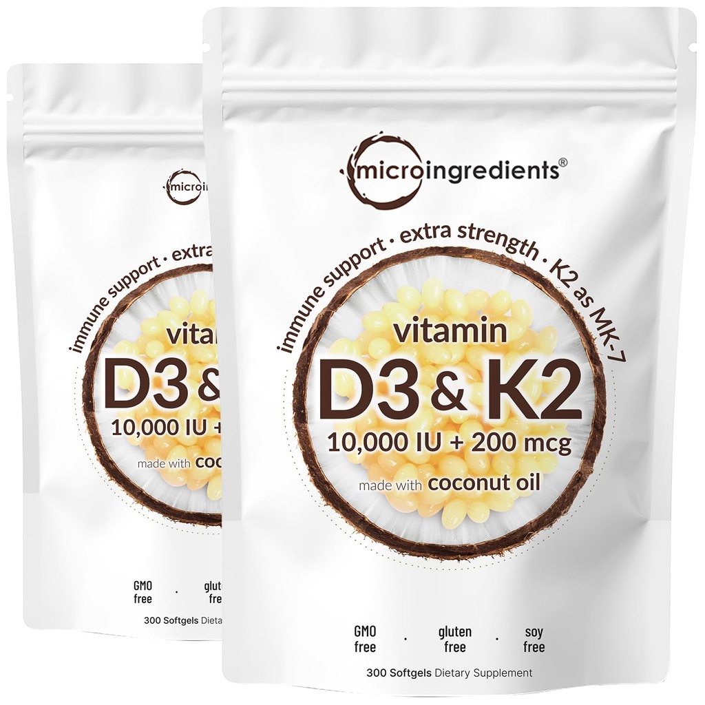 2 Pack ויטמין D3 10000 iu Plus K2 (MK-7) 200 mcg, 300 Virgin קוקוס שמן Softgels | 2 1 ויטמין D & K Complex תמיכה Calcium Absorption, העצם, Immune, & Heart Health - Easy to Swallow