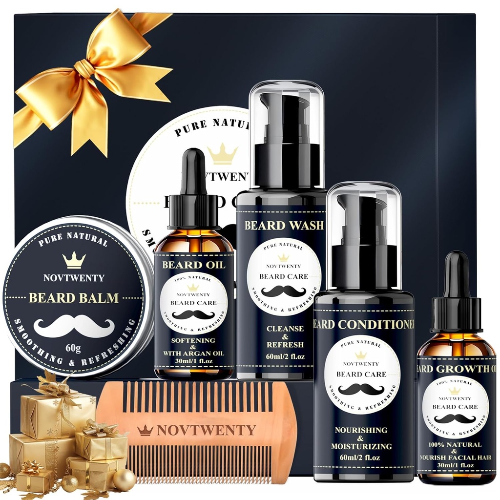Beard Growth Kit - 7 Pc Kit, כולל Wash, Oil, Conditioner, Balm, Comb, Gift Box Set for Men