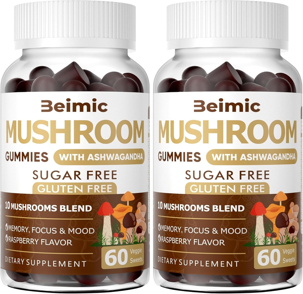 Mushroom Gummies - 10x Mushroom תוספת עם Ashwagandha ו Lions Mane (120 Chews) Nootropic Brain Supplement, Immune Support & Stress Relief (Pack of 2)