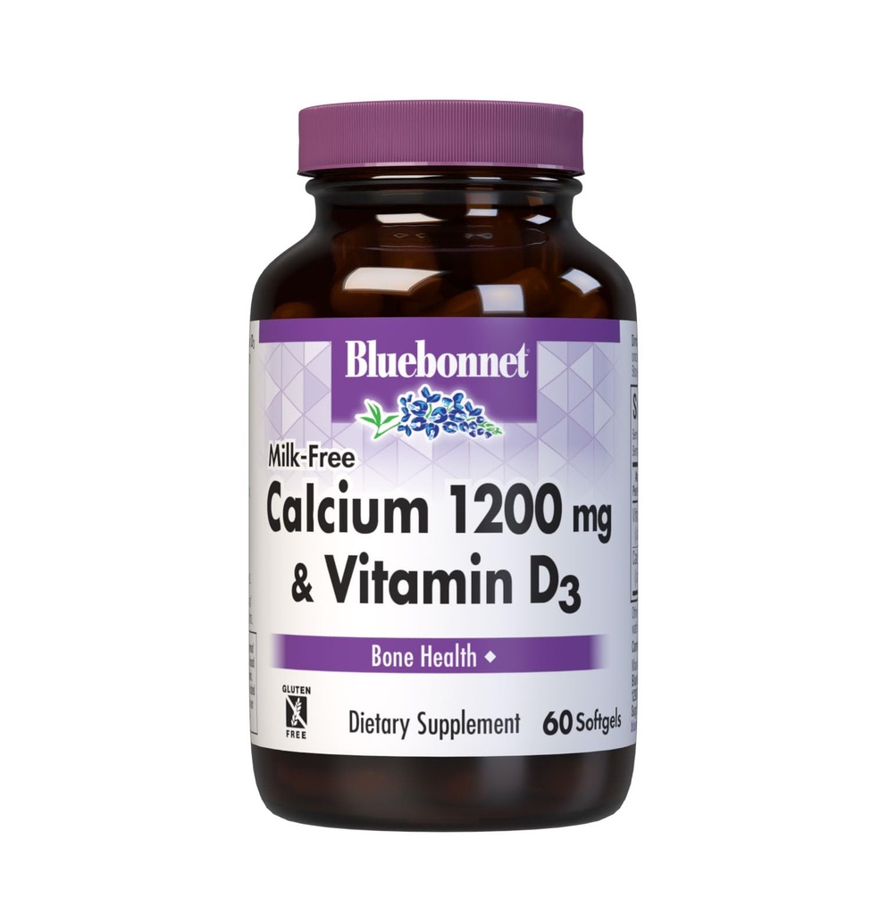 Bluebonnet Nutrition Milk-Free Calcium 1,200 מ"ג פלוס ויטמין D3 400 IU - High Potency, מקסימום Absorption חזק העצםs & Immune Health Support, Gluten-Free, Milk-Free, 60 Softgels