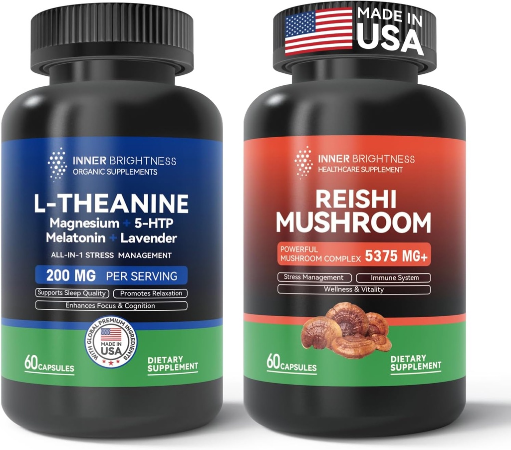 Reishi Mushroom תוסף עם Cordyceps + L Theanine 200 מ"ג, מגנזיום, 5-HTP & Melatonin for Sleep, Focus & Mood Support