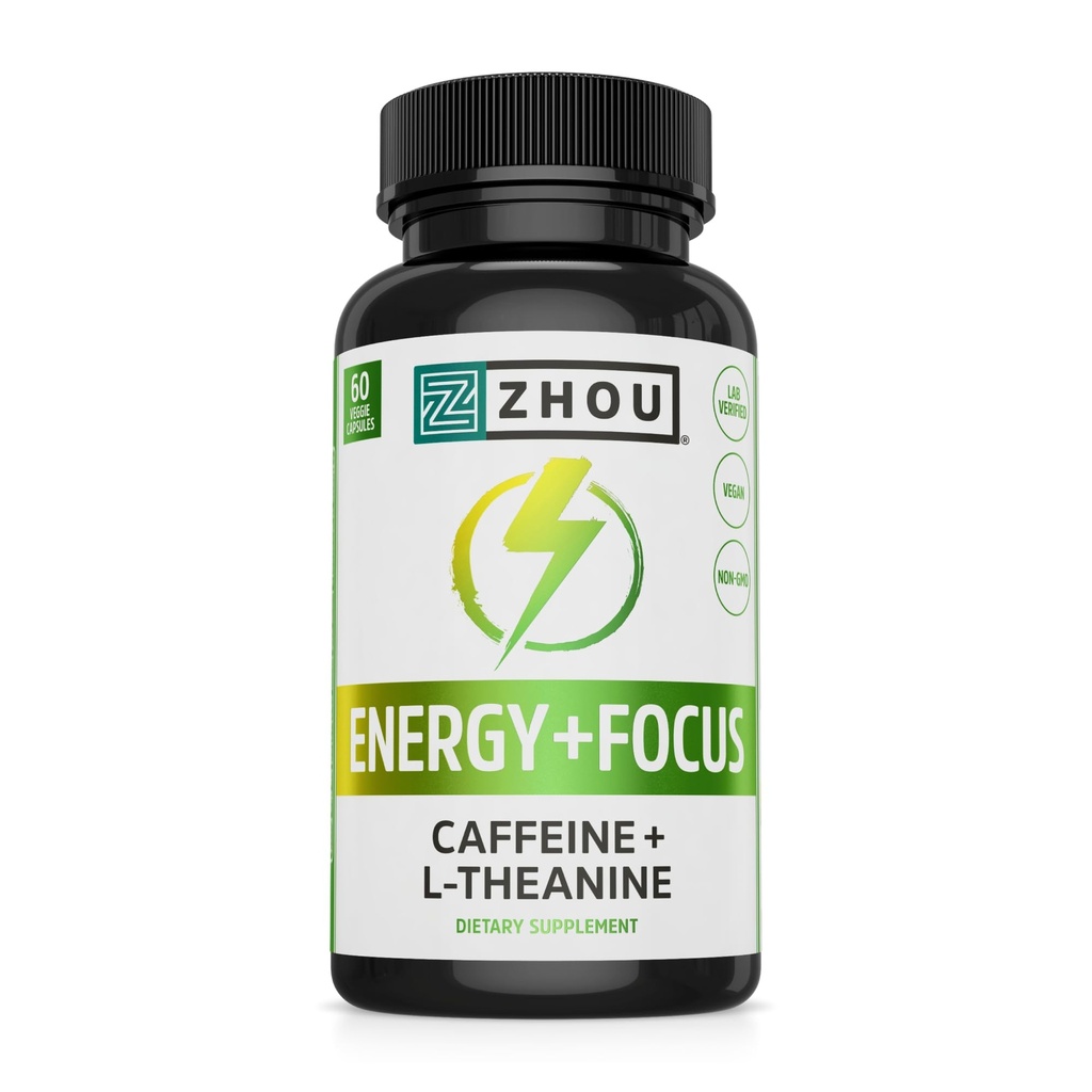ג'ואו אנרגיה + Focus - L Theanine Caffeine Pills, 200 מ"ג L-theanine, 100 מ"ג טבעי Anhydrous Caffeine Boost למבוגרים, גברים ונשים, שחרור מורחב איטי - 60 קפסולות צמחוניות (Pack of 1)