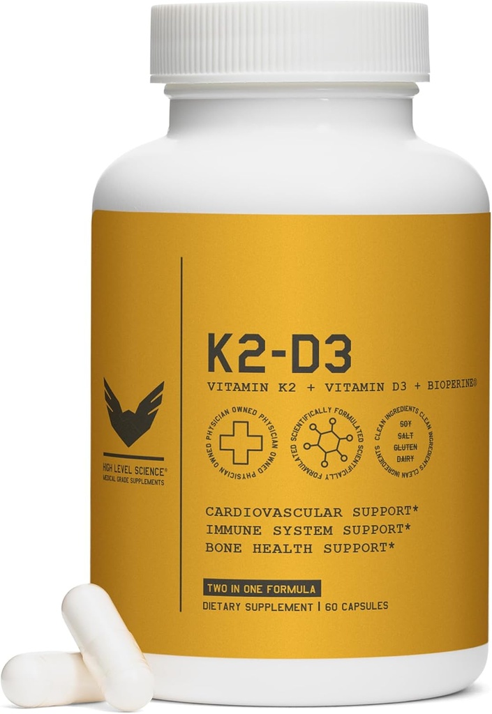 רמה גבוהה K2D3, ויטמין K2 & D3 תוספת עם BioPerine Black Pepper, מתחם פעולה כפול ללב, העצם, Immune Support, 5000 IU D3, 100 mcg K2, Vegetarian, 60 Veggie קפסולות