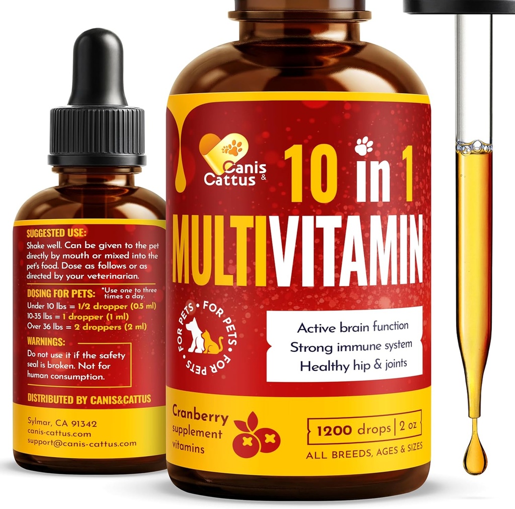 Canis & Cattus 10in-1 Multivitamin לכלבים וחתולים - Daily Glucosamine, ויטמין B, C & D3 תמיכה - תוספת נוזלית עם Cranberry & MSM - 2 oz
