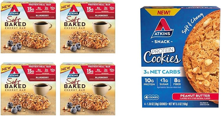 Atkins Soft Baked Energy Bars, Blueberry, 15g חלבון,2g סוכר, מקור מעולה ובוטטר חלבון עוגיות, חלבון קינוח, עשיר בסיבים, 3g Netb, 1g סוכר