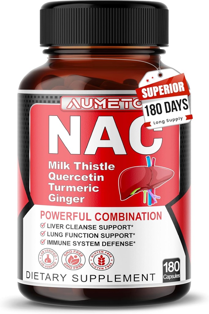 N-Acetyl-L-Cysteine - משופר עם שביל החלב + Quercetin עבור חסינות אופטימאלית, הנשימה, Liver Wellness (180 הרוזן (Pack של 1))