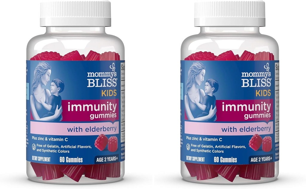 אמא's Bliss Kids Elderberry Gummies, תומך אי-אמון עם Black Elderberry, Zinc & ויטמין C, Gluten Free & Vegan, Age 2 שנים + (Pack of 2)