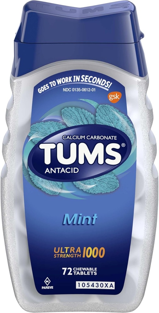 TUMS Ultra Power Chewable Antacid Tablets for Heartburn Relief, Pepperנט - 72 הרוזן