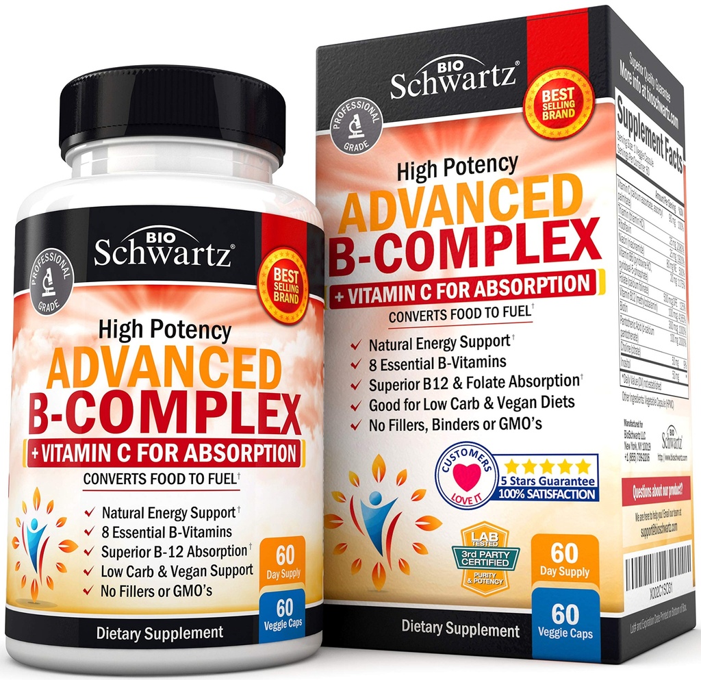 ויטמין B מורכב עם ויטמין C עבור Absorption מקסימלית - Methyylobalamin B12 & Folate Folic Acid תוספת - B1 B2 B3 B5 B6 B7 B9 עבור Immune Energy & Nervous System תמיכה - non-GMO, 60 ספירה