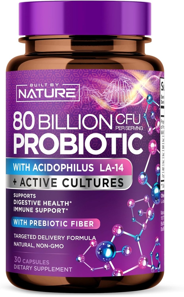 80 Billion CFU Probiotic - Daily Digestive Gut Health Supplement for Men & Women - Lactobacillus acidophilus, Bifidobacterium & Prebiotics - Non-GMO, Gluten & Dairy Free, Shelf-Stable - 30 Capsules