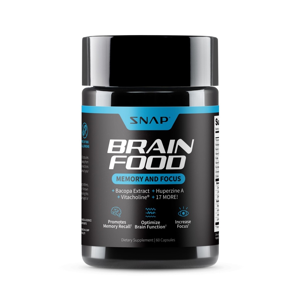 Snap Supplements Brain Booster Nootropics תוסף זיכרון, פוקוס וקלרנס, Bacopa Extract, גינקו בילובה, 60 קפסולות