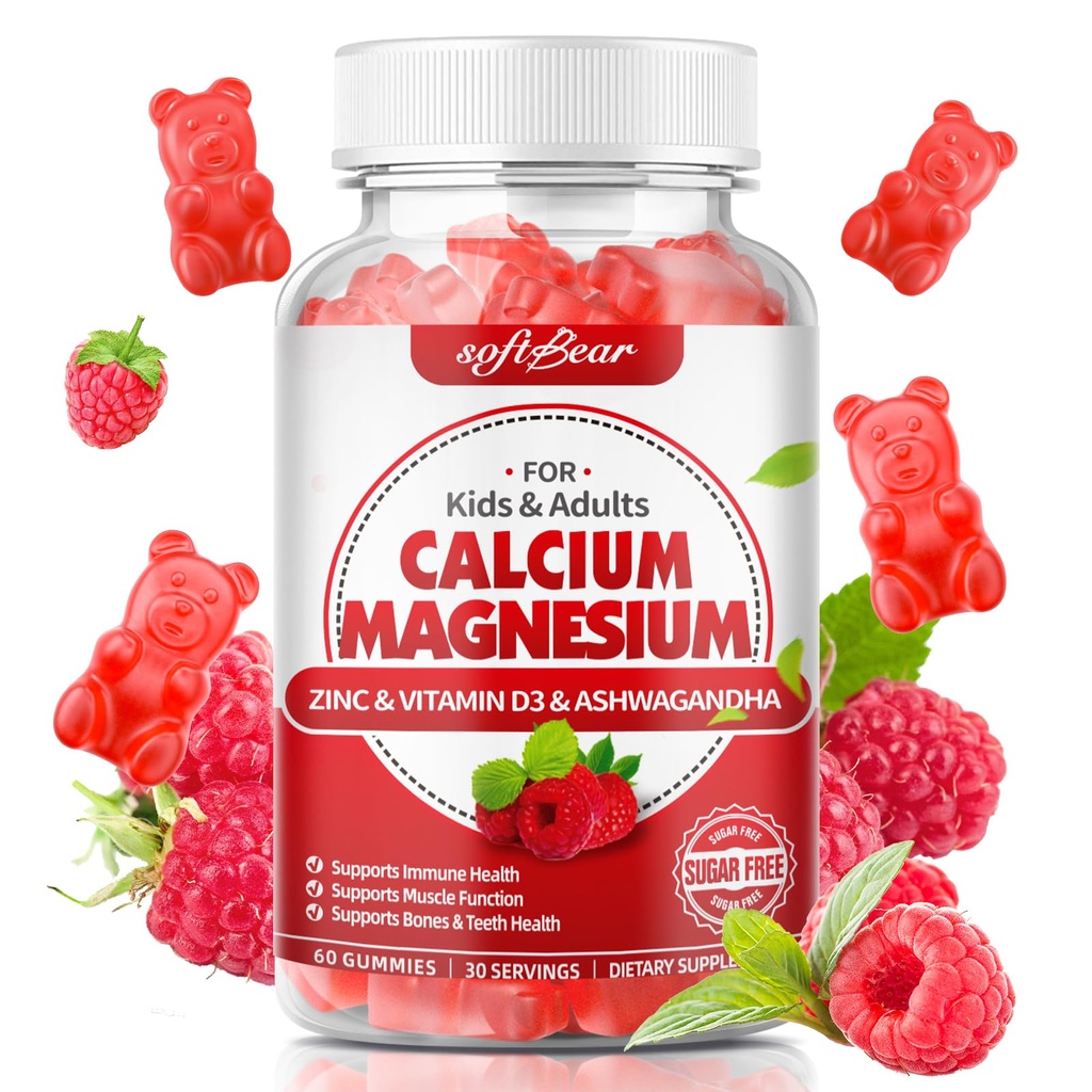 Softbear Calcium Magnesium Zinc Gummies עבור נשים, Calcium Magnesium תוסף עם ויטמין D3 עבור כוח העצם, טבעוני / מזון חינם, Raspberry Flavor 60 הרוזן