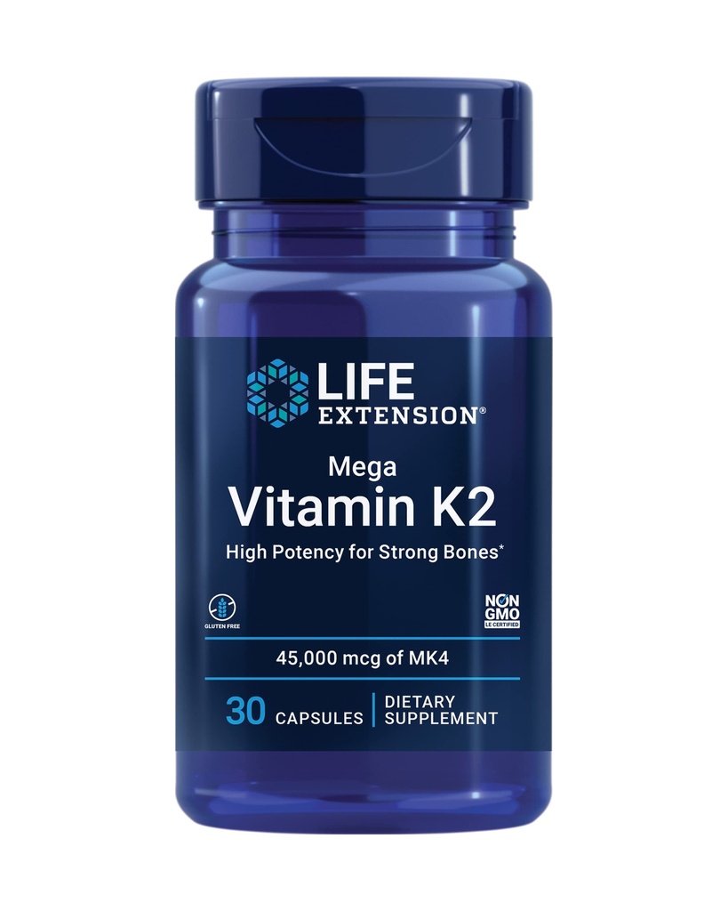 Life Extension Mega ויטמין K2 High Potency for Strong Bones, אשר למד קלינית 45 מ"ג K2 Dosage, מקדם דונות עצם בריאה, Gluten-Free, non-GMO, 30 קפסולות
