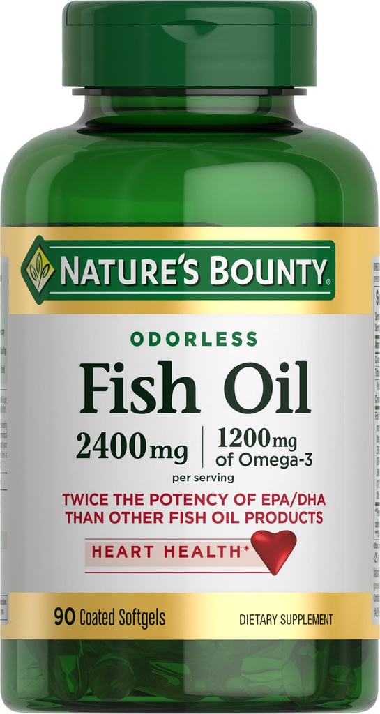 שמן הדגים של Nature's Bounty Odorless, 1200 מ"ג אומגה 3 עבור המשרת כולל EPA & DHA, תומך בריאות הלב, פורה כדי לחסל את מרקורי, coated Softgels, Gluten Free, No Shellfish, 90 Ct