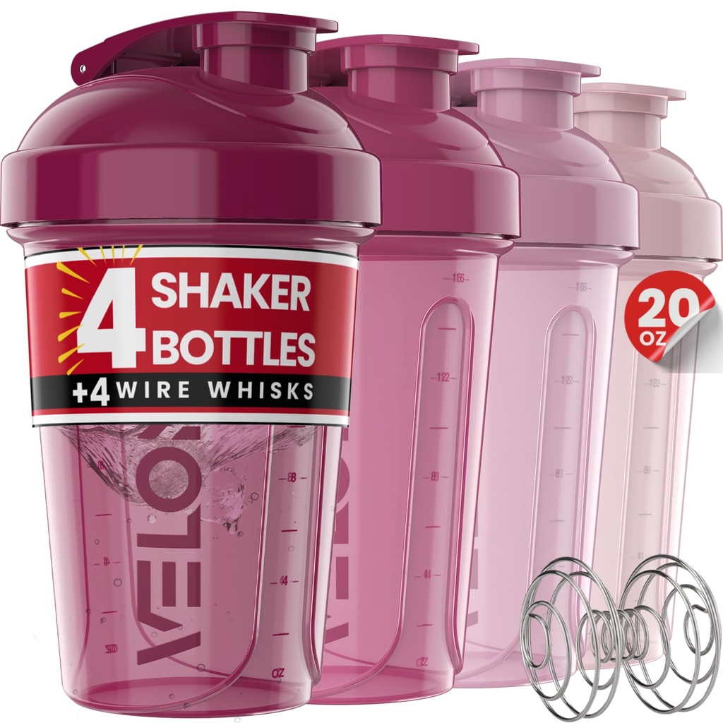 VELOMIX -4 PACK- 20 חלבון OZ Shaker בקבוקים למיקסלים חלבונים, Shaker Cups forחלבון Shakes, Small Shaker Bottle Pack, Shaker Cup, Shakers forחלבון Shakes (Berry Blend)