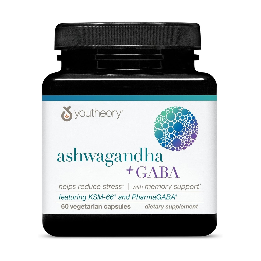 Youtheory Ashwagandha + GABA - שימוש אורגני KSM-66-1,000 מ"ג Ashwagandha & 100 מ"ג GABA - Cortisol, אנרגיה, מתח ותמיכה זיכרון - 60 קפסולות צמחוניות (30 ימים אספקה)
