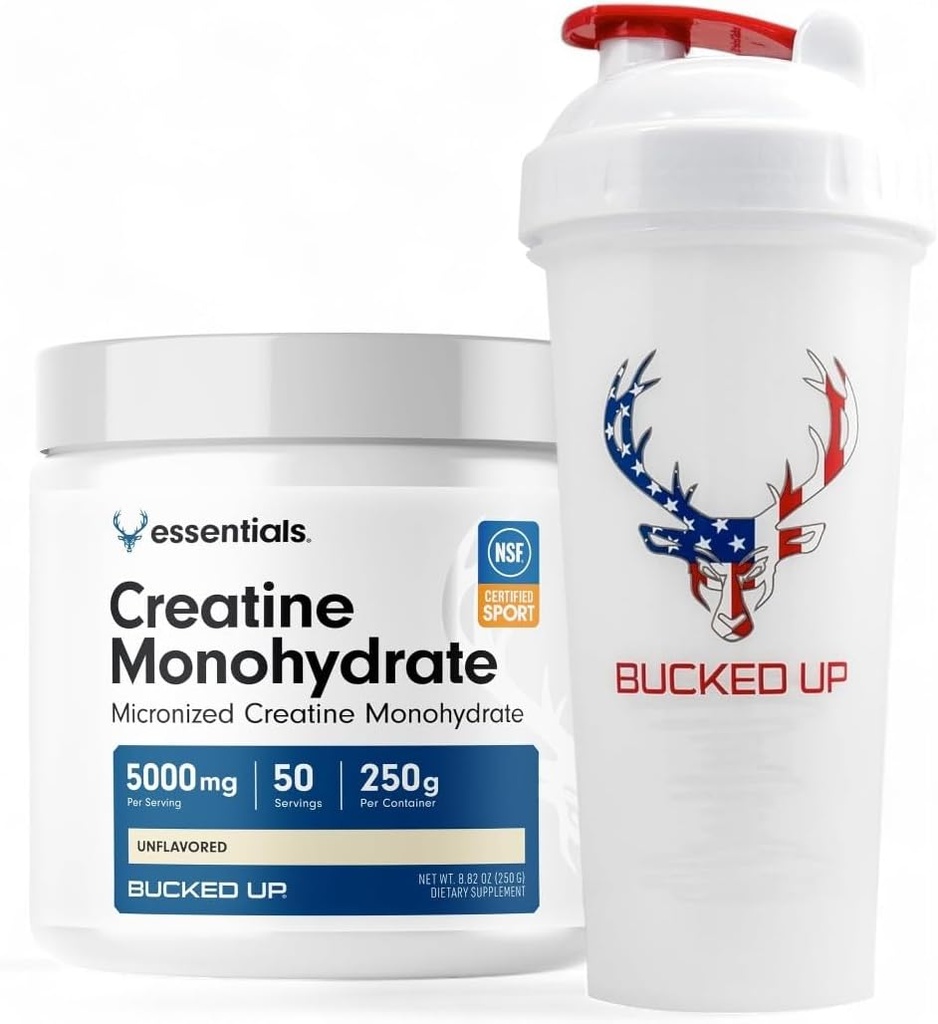 Bucked Up Creatine & Shaker Bundle - אבקת קראטין Micronized Creatine (250g, 50 משרתים) + 28oz Leak-Proof BPA-Free Shaker בקבוק עבור שילוב אופטימי
