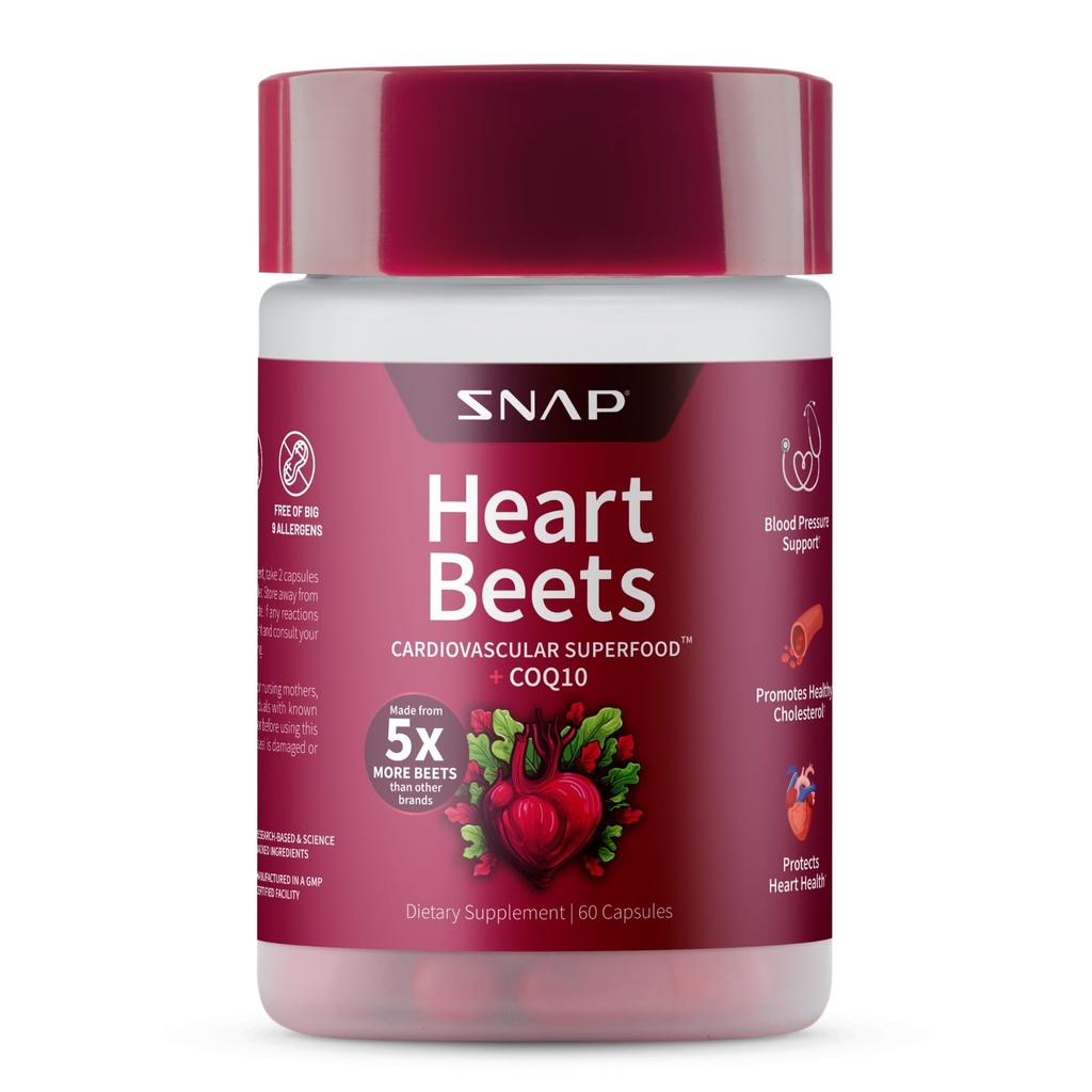 Snap Supplements Heart Beets כמוסות עם CoQ10, Cardiovascular תמיכה תוספת לגברים ונשים, Superfood Made with 5X More Beets, Heart Health, Circulation & Cholesterol Support, 60 קפסולות