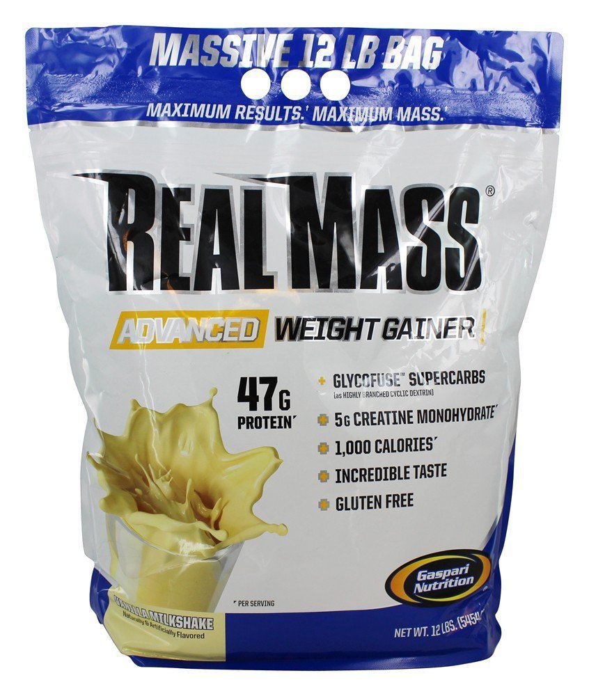Gaspari Nutrition Real Mass: Advanced Weight Gainer, חלבונים ומורכב פחמימות, 50g חלבון, 16g EAAs, Gluten-Free, 12 lbs (Vanilla Milkshake)