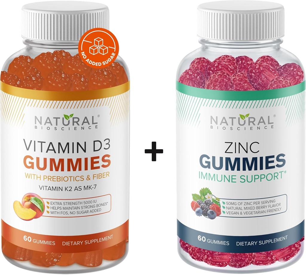 ויטמין D3 K2 Gummies 5000 IU & Zincmies 50 מ"ג, כוח נוסף, תמיכה בשומן, בריאות לב, תמיכה בעור, 60 חניכיים ויטמינים