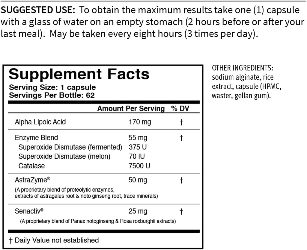 USEnzymes YouTHXYM 62 נדחה קפסולות צמחוניות, Anti-Oxidant Enzyme תוסף. 170 מ"ג של Alpha Lipoic Acid (ALA) + 50 מ"ג של AstraZyme כדי לשפר חלבונים.