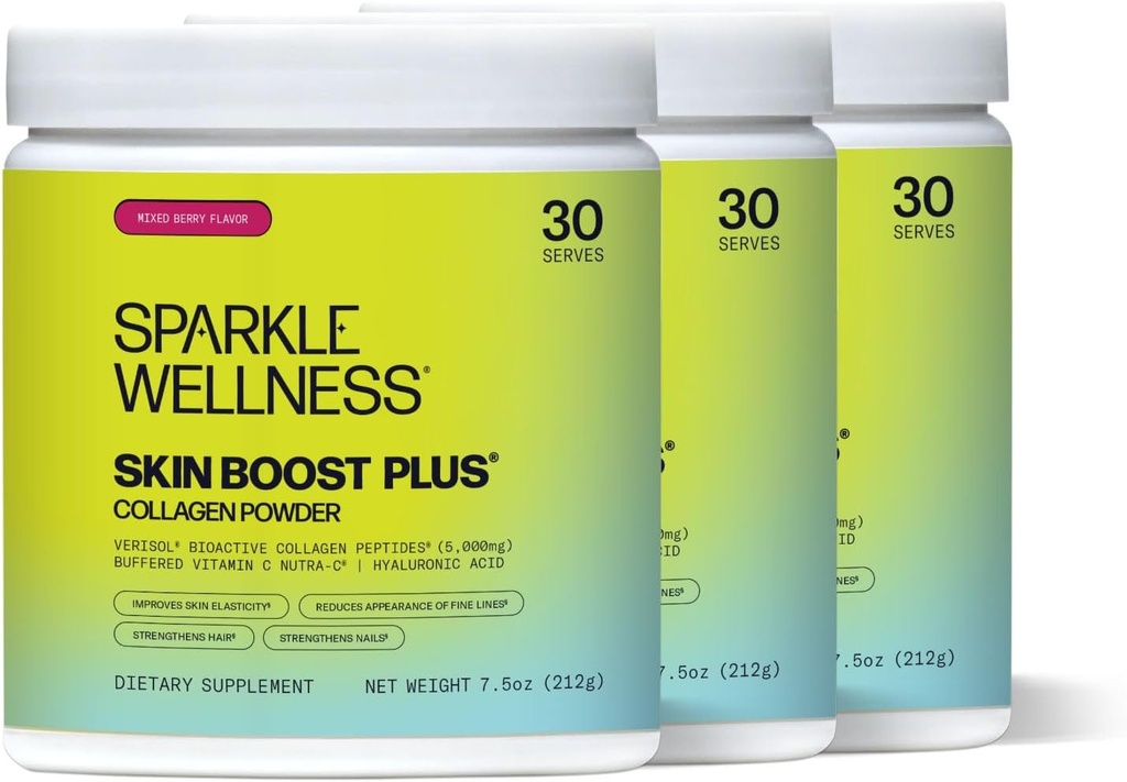 Sparkle Wellness Skin Boost Plus (Mixed Berry) [3-Pack of 30 משרתים] | אבקת קולגן עם VERISOL Bioactive hydrolyzed Collagen Peptides, ויטמין C & Hyaluronic Acid | שיפור העור אלסטיות אלסטיאלסטית