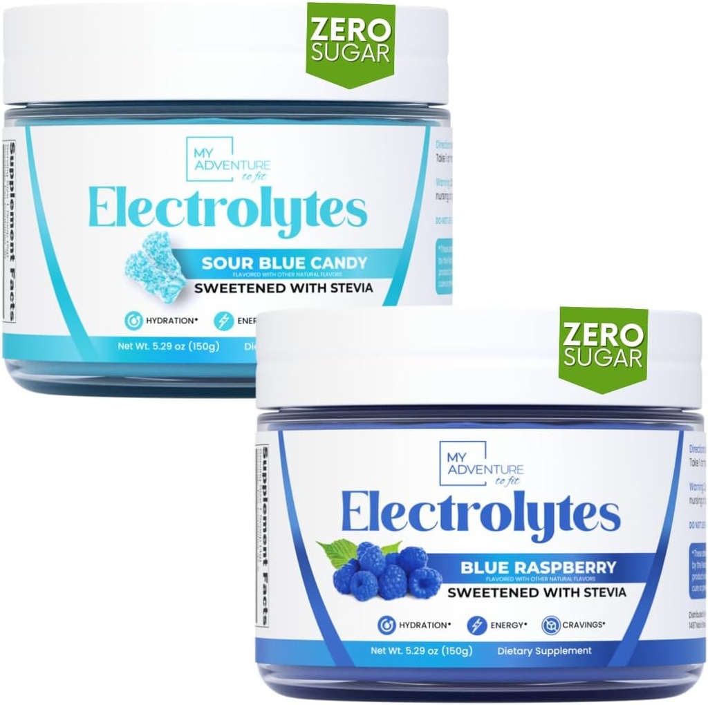 ההרפתקה שלי לטבול אבקת אלקטרוליט עם Zero Sugar, Bundle, Blue Raspberry & Sour Blue Flavors