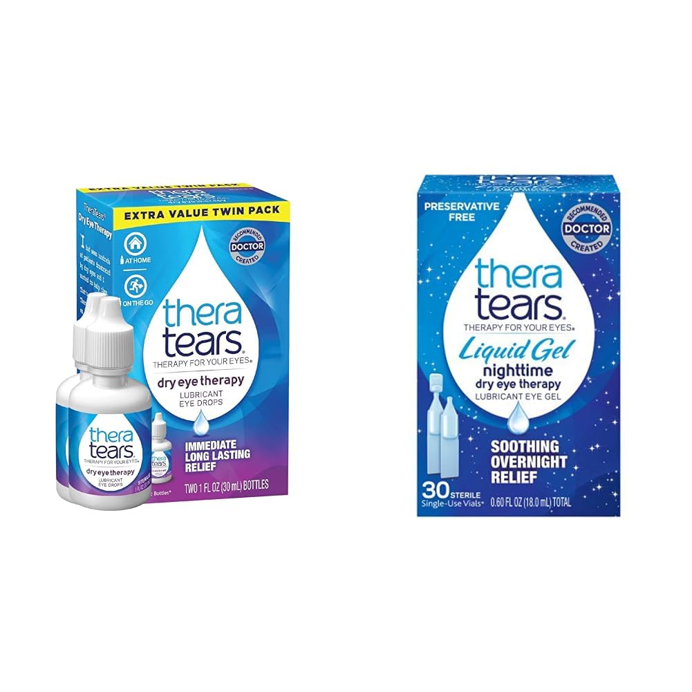 TheraTears Dry Eye Therapy Lubricating עיניים טיפות לעיניים יבשות, 1 fl oz בקבוק Twin Pack, (2 x 30mL בקבוקים) & נוזל גלי הלילה טיפות עיניים עבור עיניים יבשות, Single-Use Vials, 30 ספירה