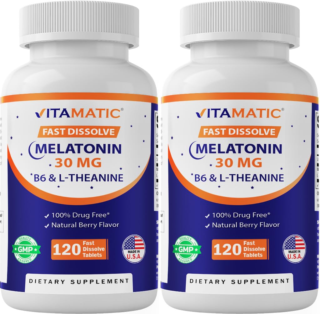 Vitamatic Melatonin 30 מ"ג - עם B6 & L-theanine - 120 טבליות במהירות dissolve עם טבעי ברי פלאפור (2 טבליות Dose = Melatonin 60 מ"ג) (120 Count (Pack של 2))