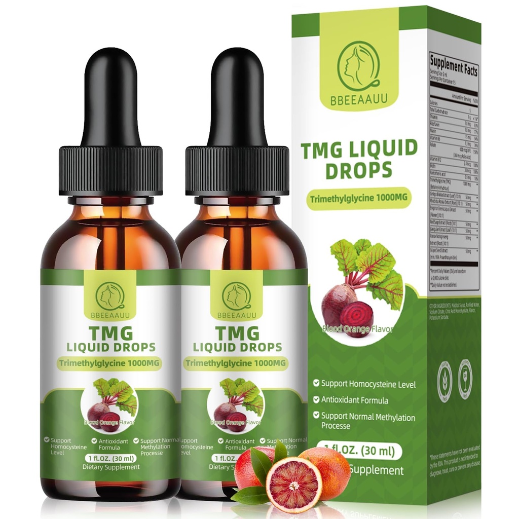 TMG תוסף 1000MG - Trimethylglycine נוזל טיפות, Betaine High Absorption, תומך Methylation, Liver Wellness & Cognitive, Non-GMO, טבעוני, Blood Orange Flavor, 1 Fl.Oz (2 Pack)