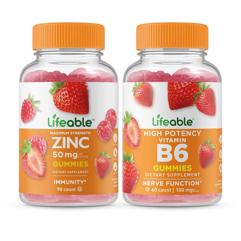 Lifeable Zinc 50mg + ויטמין B6, Gummies Bundle - גדול Tasting, ויטמין תוסף, Gluten Free, GMO חינם, Chewable Gummymymy