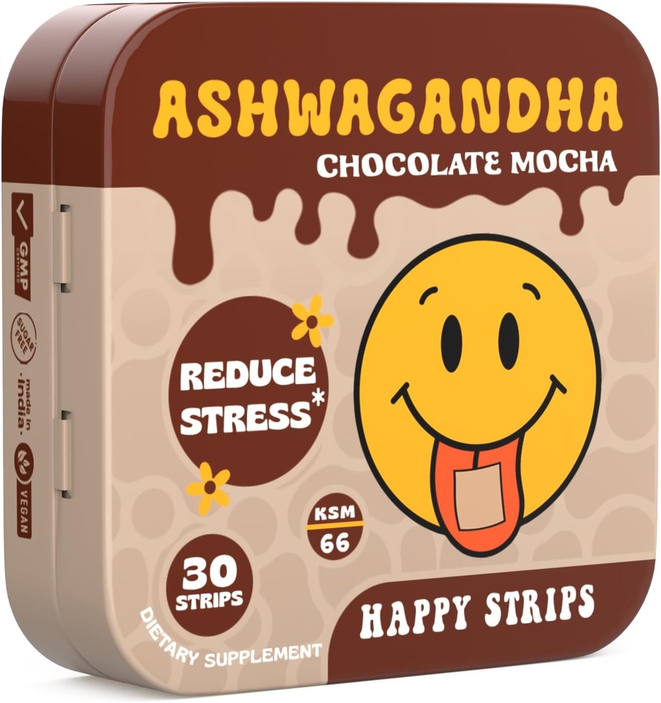 Happy Strips Organic Ashwagandha KSM 66 & GABA for Stress Relief, Calmness, Sleep - Fast-Acting & Rapid-Dissolution, שוקולד Mocha Flavored, אורגני, טבעוני, סוכר חינם - 30 הרוזן