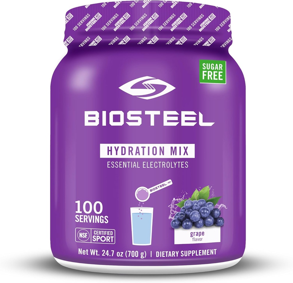 BioSteel Zero Sugar hydrotion Mix, Great Tasting hydrotion עם 5 אלקטרוליטים חיוניים, Grape Flavor, 100 משרתים לכל Tub