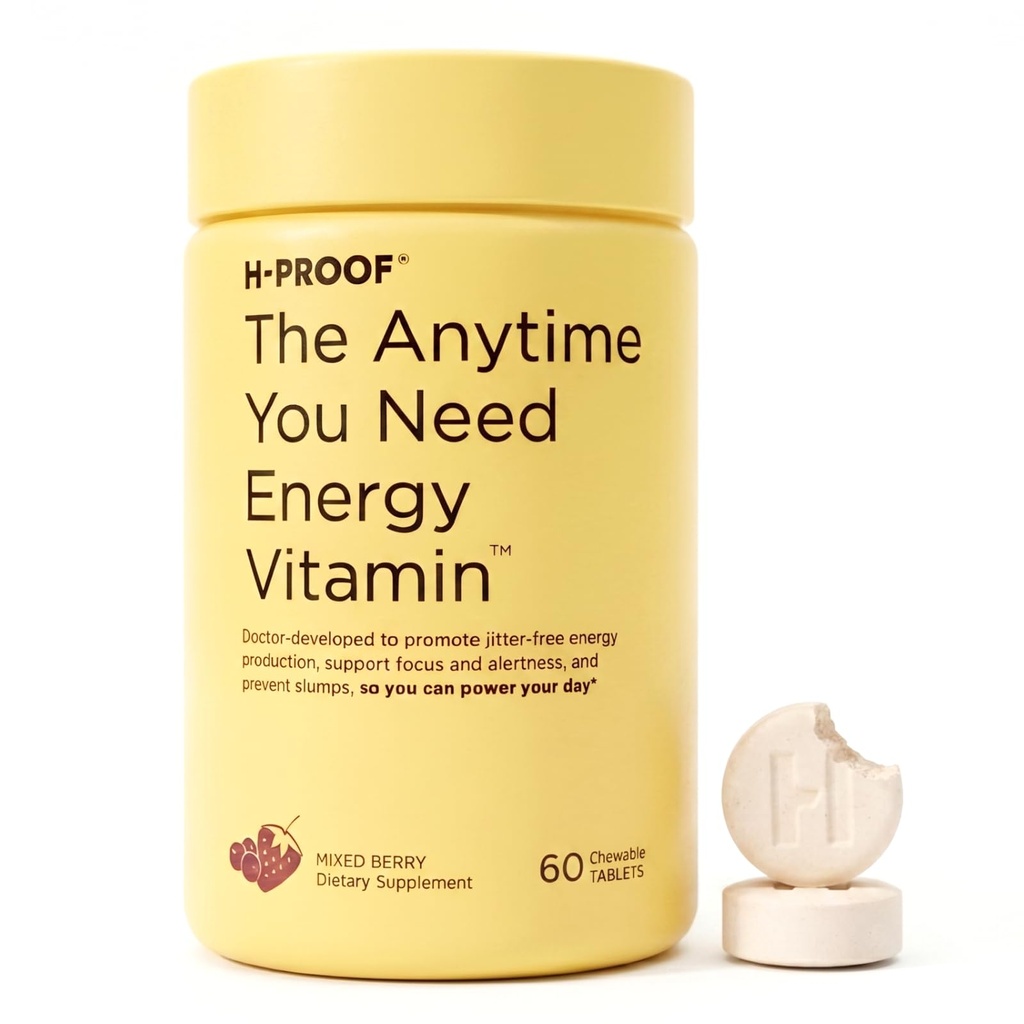 H-PROOF The Everytime You Need Energy ויטמין for Sustained Energy, Focus & alertness with Jitter-Free Caffeine, 60 תוספי אנרגיה Chewable (30 משרתים), מעורב ברי בריי