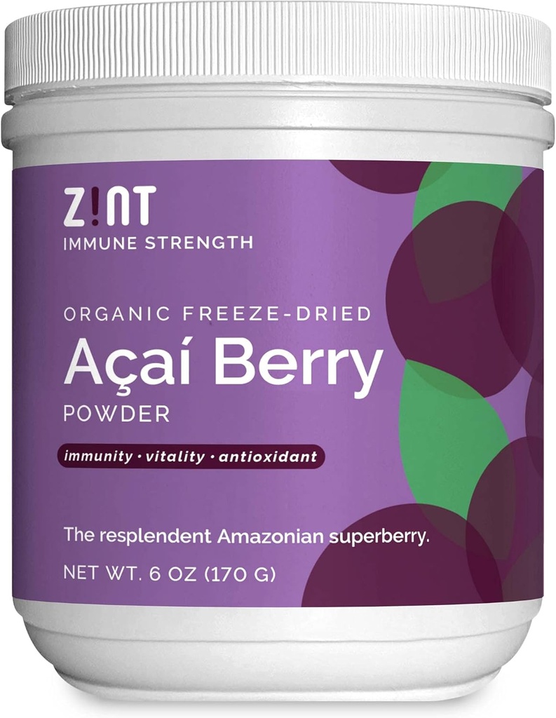 Zint Acai Powder Organic: Raw Freeze Dried Acai Brazilian Whole Berry - Immune Support - Superfood Vegan Plant Protein for Acai Bowls, Smoothies & Cleanse Shakes, 6 oz
