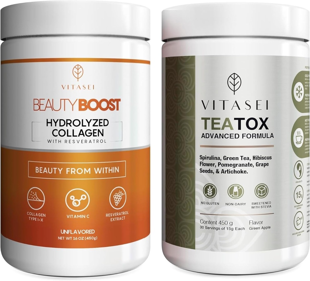 VITASEI Wellness Bundle - hydrolyzed Collagen Peptides אבקה & Teatox Detox & ניקוי של אבקת תמיכה - שיער, עור, ריחות & העיכול Booster עבור נשים וגברים