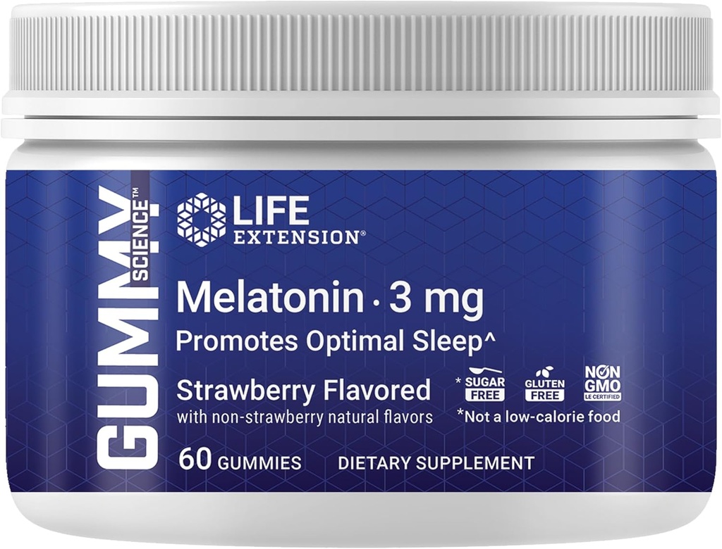 Life Extended Gummy ScienceTM Melatonin (Strawberry), 3 מ"ג, תמיכה בשינה אופטית, שמנת יתר בריאה Rhythm, PC Defense, Gluten-Free, non-GMO, Vegetarian, 60 מסטיקנים