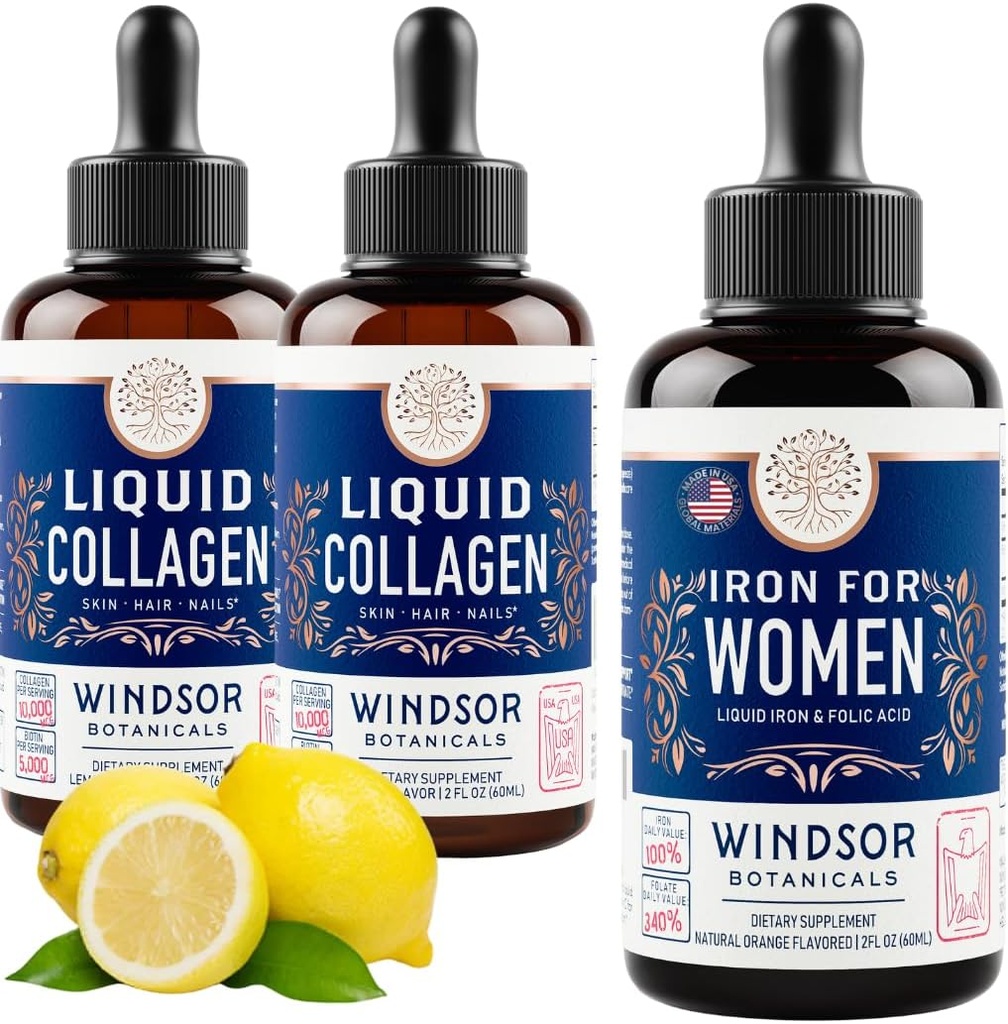 WINDSOR BOTANICALS Liquid Collagen 2Pack ו-Cirlit Iron for Women Beauty and Wellness Bundle