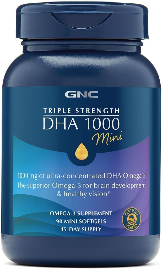 GNC משולש כוח DHA 1000 מיני אומגה 3 תוסף, 1000 מ"ג, אולטרה ריכוז, כוח גבוה, תומך התפתחות המוח וחזון בריא, Burpless, 90 מיני Softgels, 45 SVG, 45 יום אספקה
