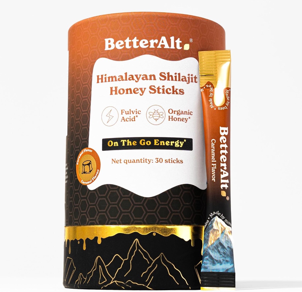 Better Alt Pure ההימלאיה Shilajit Karamel Honey Sticks with Organic Honey: Easy to Consume Shilajit 30 Sticks for Energy Boost & Immune Support, 85+ Trace מינרלים, 75%+ Fulvic Acid Acid Acid
