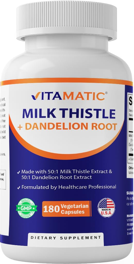 חלב Vitamatic Thistle 50:1 לחלץ 500 מ"ג, Dandelion Root 50:1 לחלץ 100 מ"ג, 180 קפסולות צמחוניות, non-GMO, Gluten Freeten
