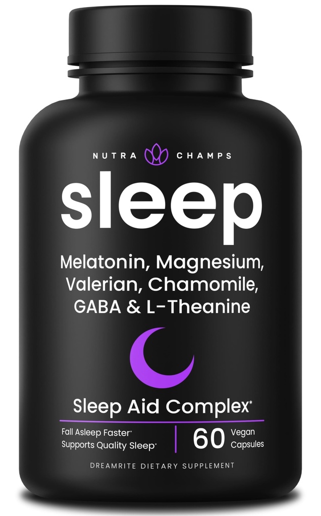 NutraChamps 10in-1 Natural Sleep Aids for Adults - Melatonin, Lemon Balm 1000 מ"ג, Chamomile 400mg, Valan Root 600mg, L Theanine, L Tryptophan, GABA, Magnesium Sleep Aid.