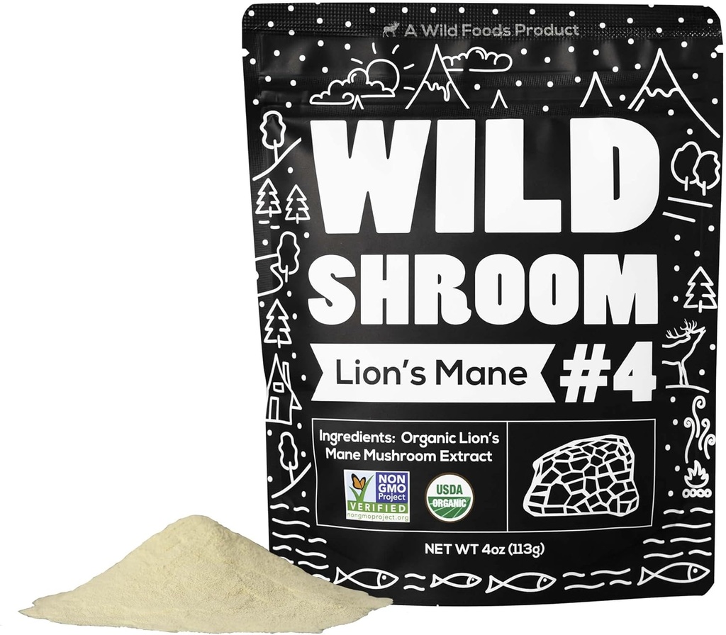 Wild Foods Lions Mane אבקת Mushrooms לחלץ 10:1 | אבקת Mushroom אורגני | התאמת nootropic Herb לבריאות המוח, זיכרון להתמקד (4 Ounce (Pack of 2)