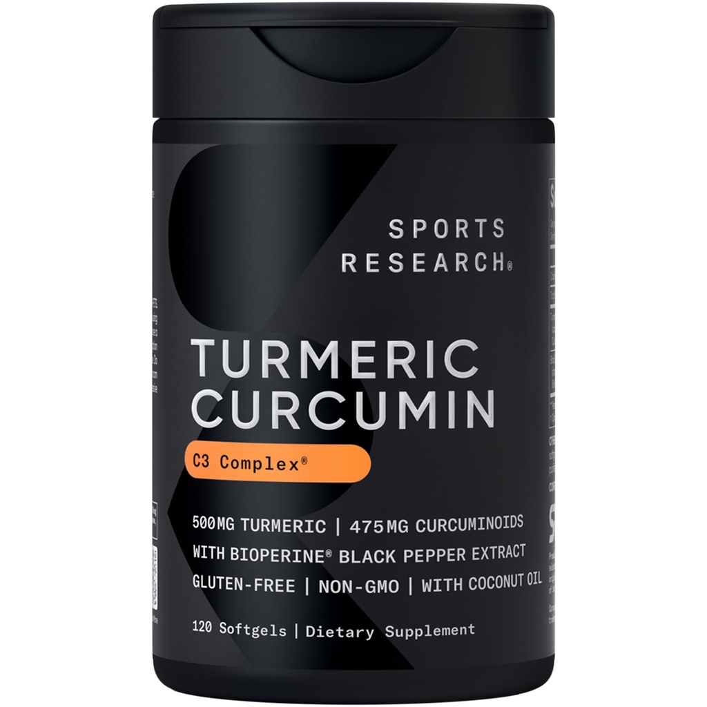 מחקר ספורט Turmeric Curcumin C3 Complex - Softgels עם bioperine Black Pepper שמן קוקוס אורגני, תקן 95% Curcuminoids - non-GMO מאומתים וגלוטן חינם - 500 מ"ג, הרוזן 120 מ"ג