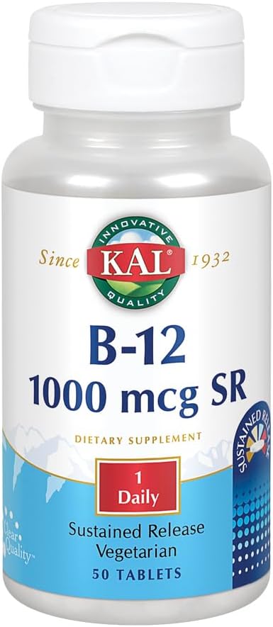 KAL B-12 1000 mcg Sustained לשחרר | בריאות מטאבוליזם, אנרגיה, Nerve & Red Blood Cell Support