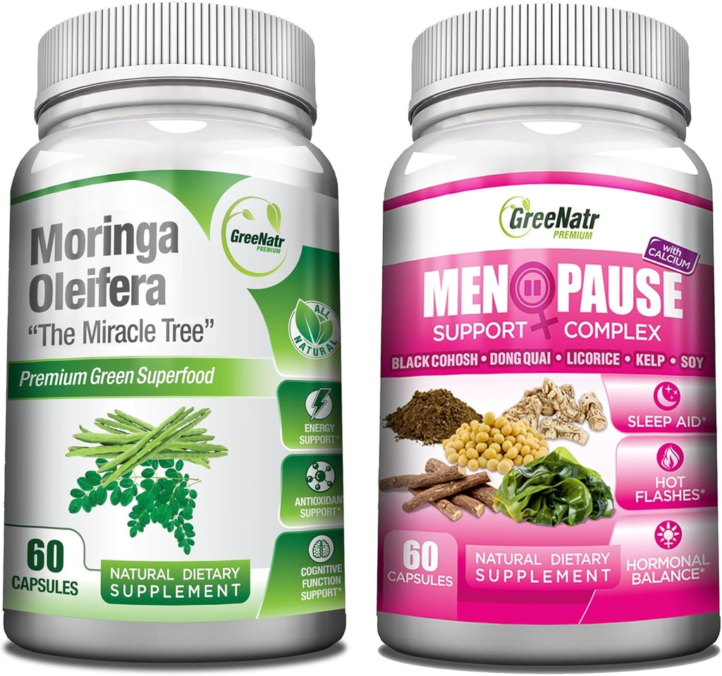 GreeNatr Pure Moringa Oleifera עבור Mood Enhancement Plus Menopause תמיכה Complex for Hot Flashes, Night Sweats & Mood Swings הקלה