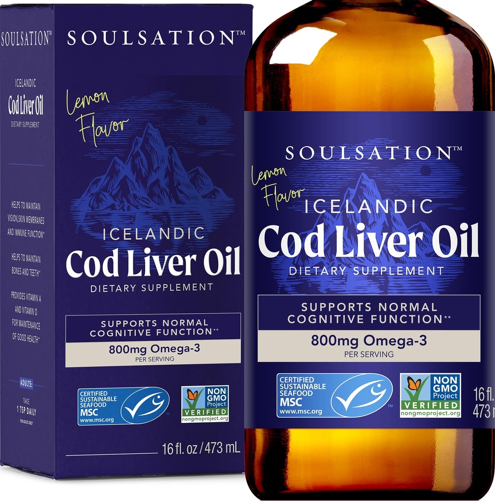 איסלנדית Cod Liver Oil נוזלי, לימון (16oz) - ויטמינים A & D, EPA & DHA - Helps Vision, Skin Membranes & Immune function - MSC Certified, Non-GMO